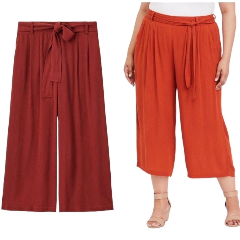 Boho Wide Leg Flowy Crop Gauze‎ Mid-Rise Tie-Front Pants Womens Plus Size 6X
